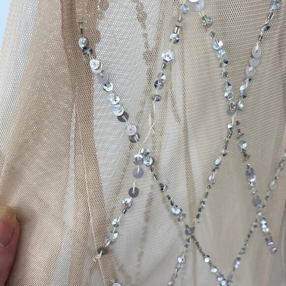 Adrianna Papell Gown Beaded Mesh Diamond Pattern Short Sleeve Champagne 6 Petite - Picture 12 of 16